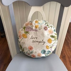 Handmade pillow.  “Live Simply”.  Approx 12” round